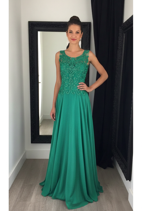 Emerald Green Chiffon A-Line Prom Dress Scoop Neck with Lace Appliques