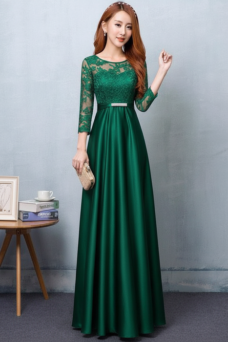 Emerald Green Evening Dress Satin Prom Dress Lace Applique Wedding Guest Dresses Sash A Line Maxi Mother's Dress wedding guest dress