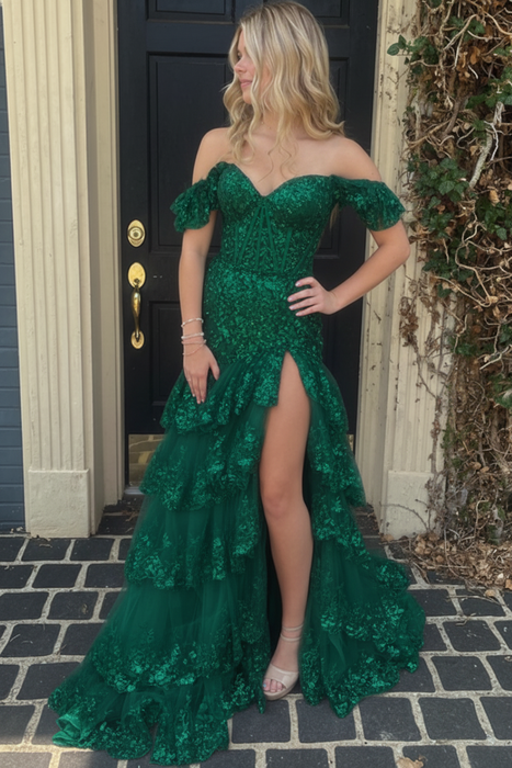 Emerald Green Glitter Sequins Off-the-shoulder Tulle Split Front A-Line Prom Dresses - Prom Dress