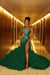 Luxury Emerald Green Mermaid Prom Dress Beadings V-neck Sleeveless Evening Dress with Slit