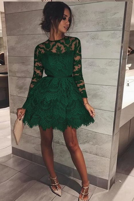 Mini Long Sleeve Lace Cocktail Dress Homecoming & Sweet 16 - Bridelily Mini Long Sleeve Lace Cocktail Dress Homecoming & Sweet 16 - Bridelily
