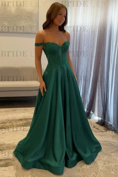 Emerald Green Off-the-Shoulder A-line Evening Dress Lace Prom Dress Long