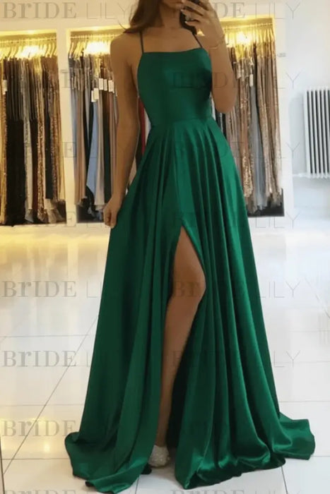 Emerald Green Simple Prom Dress Long With Spaghetti Straps Front Slit Satin Evening Dress