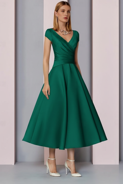 Emerald Green Satin A-Line Mother of the Bride Dress V Neck Tea Length Wedding Guest Dress - Prom Dresses