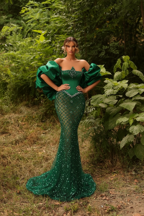 Emerald Green Satin Mermaid Evening Gown Beadings Floor Length Party Dress with puffy Sleeves