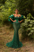 Emerald Green Satin Mermaid Evening Gown Beadings Floor Length Party Dress with puffy Sleeves