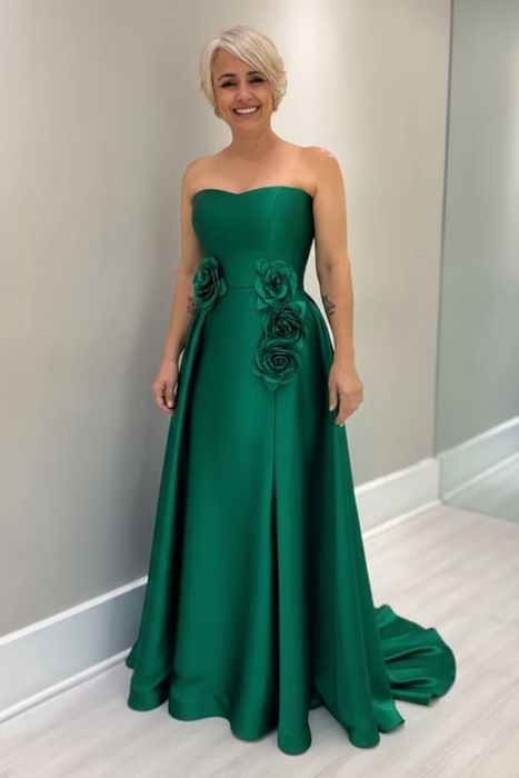 Emerald Green Satin Mother of the Bride Dress Strapless with Flowers - Prom Dresses