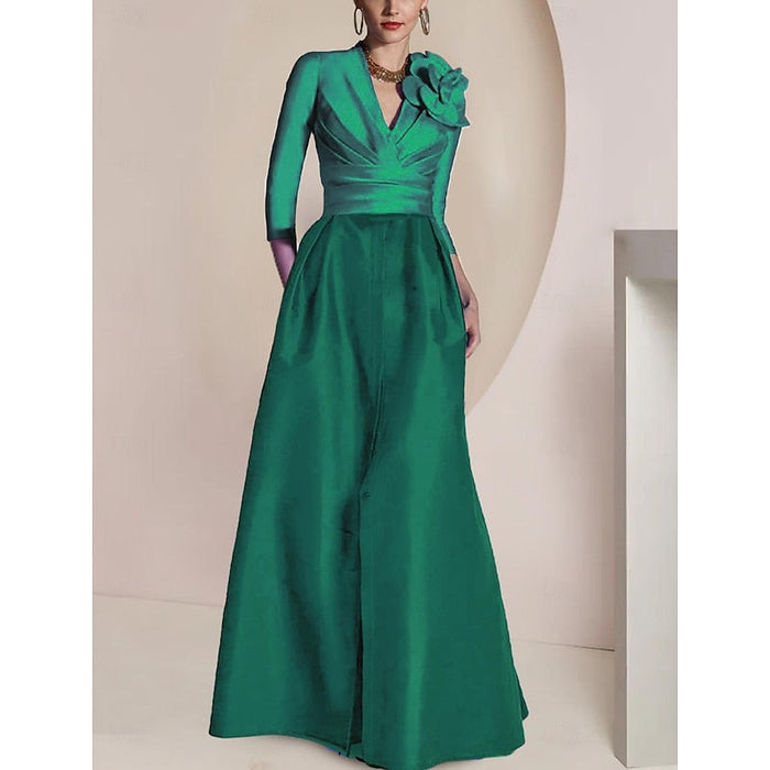 Emerald Green Satin V-Neck Mother of the Bride Dress with 3/4 Sleeves with Split Front
