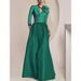 Emerald Green Satin V-Neck Mother of the Bride Dress with 3/4 Sleeves with Split Front