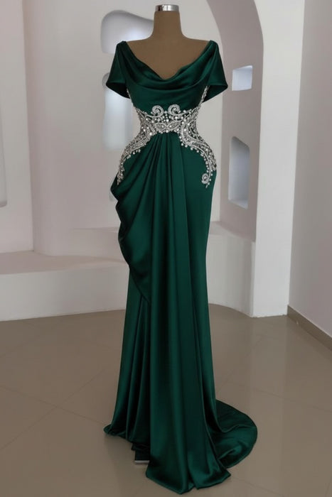 Emerald Green Scoop Neck Ruffles Satin Prom Dress Mermaid Sleeveless Evening Dress with Beads