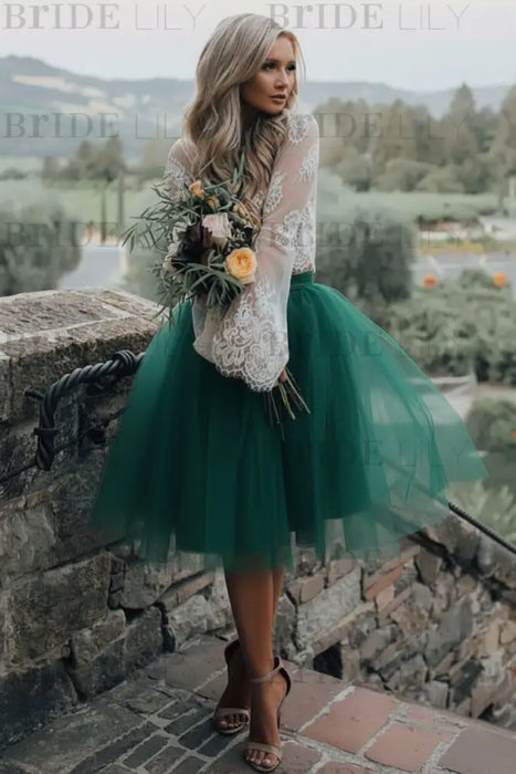 Emerald Green Simple Wedding Dress A Line Designed Neckline Lace Tulle Bridal Gowns