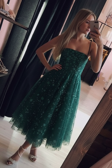 Emerald Green Spaghetti Strap Tea Length Tulle Homecoming Dress Midi Prom Dresses - Prom Dresses