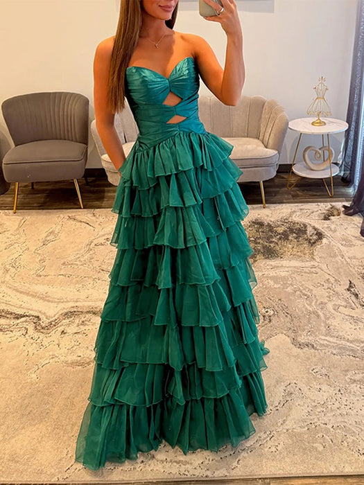 Emerald Green Strapless Tiered Ruffle Chiffon Prom Dress Long with Slit