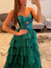 Emerald Green Strapless Tiered Ruffle Chiffon Prom Dress Long with Slit