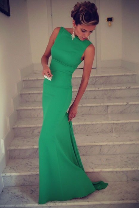 Emerald Green Trumpet/Mermaid High Neck Sleeveless Spandex Floor-Length Dresses - Prom Dresses