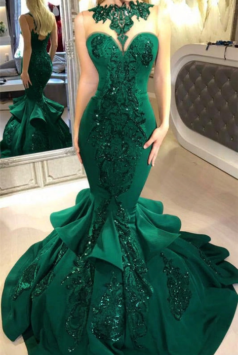 Emerald Mermaid Beads Prom Dresses Appliques Evening Dresses