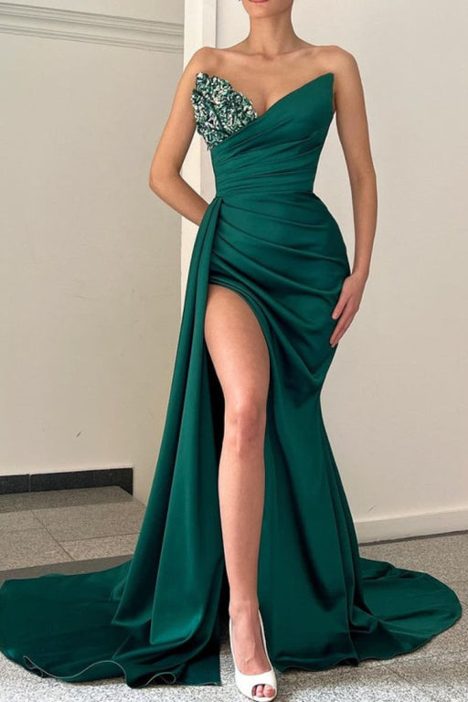 Emerald Mermaid V-Neck Long Prom Dress With Slit
