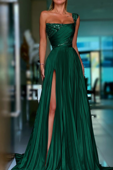 Emerald Pleated A-Line One Shoulder Prom Dress Gown with Front Split - Prom Dresses