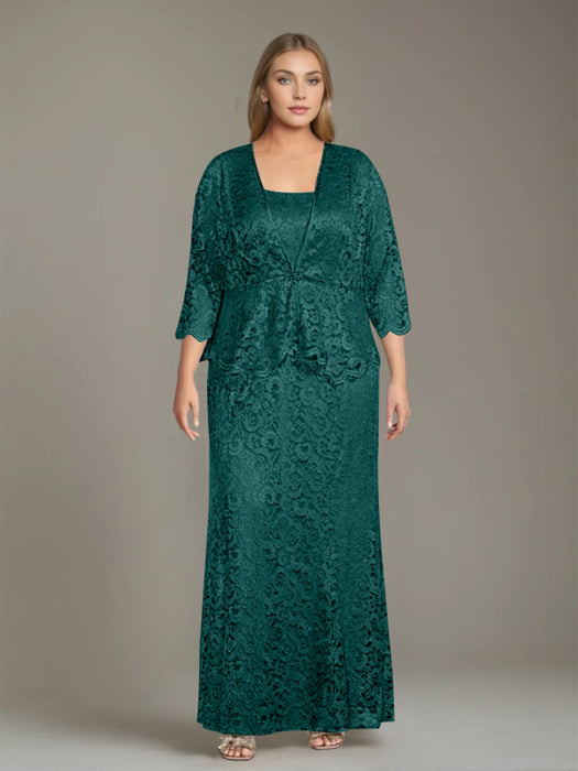 Plus Size 2-Piece Mother of the Bride Dress Set with Square Neck and Floor-Length Sheath