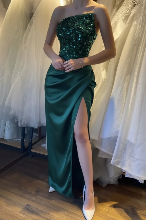 Emerald Sleeveless Prom Dress with Sequins and High Slit
