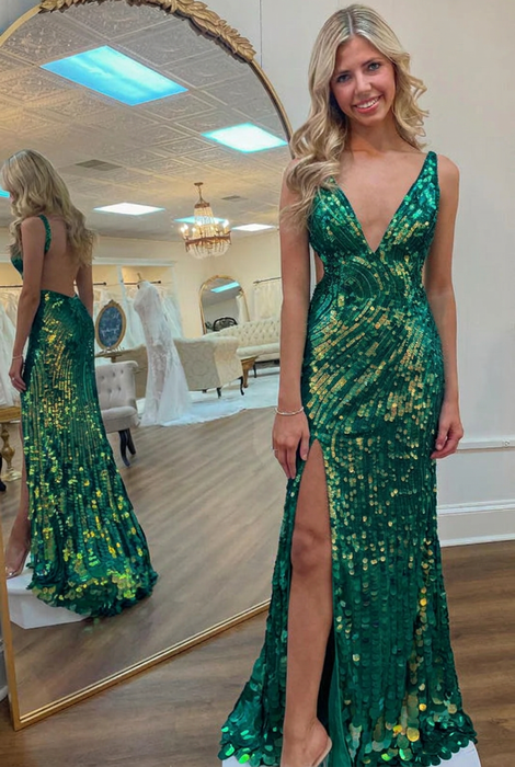 Emerald Sequins V Neck Backless Sleeveless High Slit Prom Dress