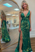 Emerald Sequins V Neck Backless Sleeveless High Slit Prom Dress