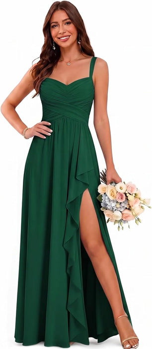 Women's Chiffon Bridesmaid Dresses Long Evening Formal Gown with Slit - Emerald Green