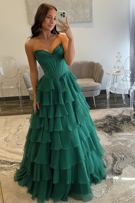 Emerald Green Sweetheart Tiered Corset Aline Evening Dress Ruffle Chiffon Prom Dress with Split - Prom Dresses
