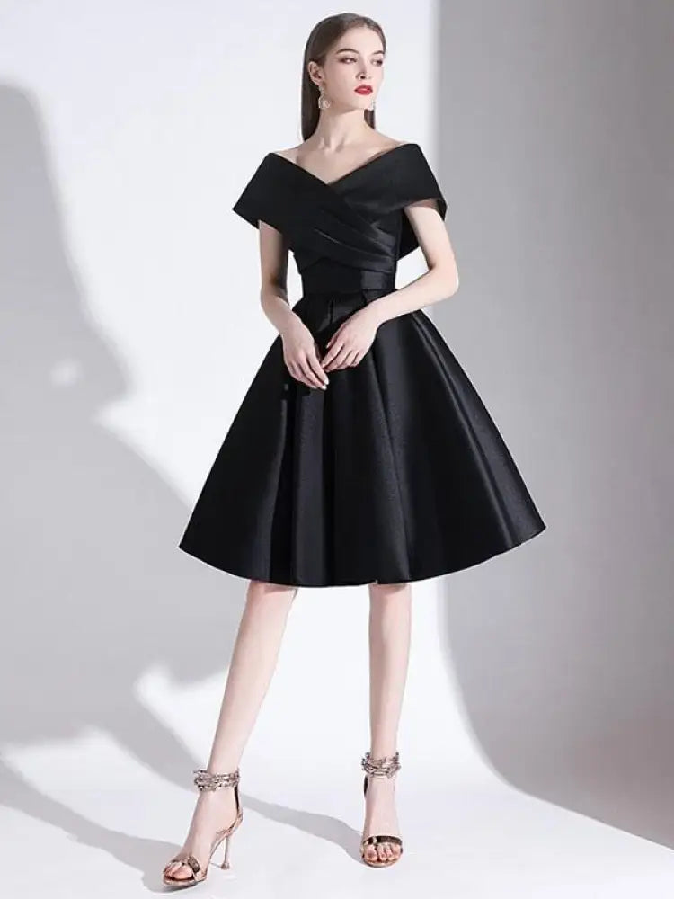 Off-Shoulder Black Cocktail Dress A-Line Satin Evening Dress-Bridelily