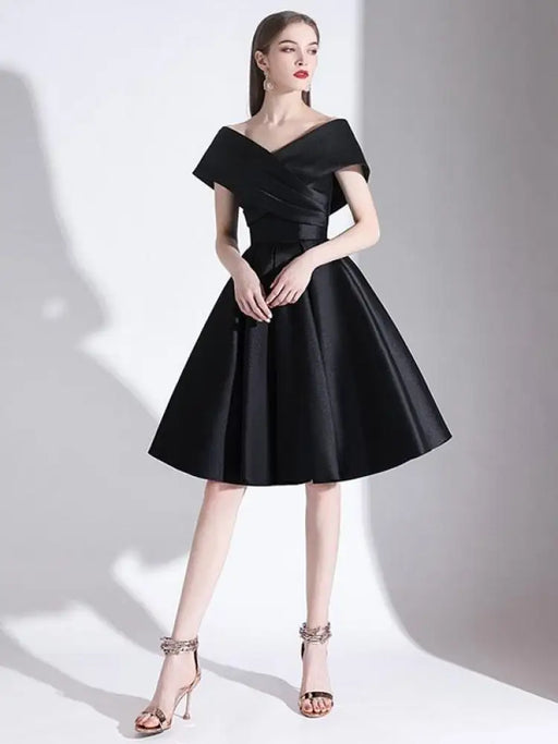 Evening Dress A-Line V-Neck Knee-Length Short Sleeves Lace-up Pleated Satin Fabric Cocktail Dress Little Black Dress(APP ExclusivePrice  $84.99)