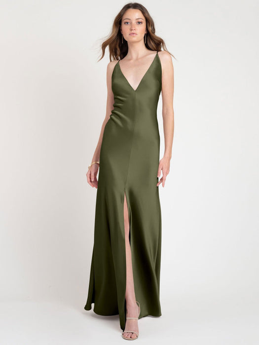 Evening Dress Flesh Color A-Line V-Neck Sleeveless Backless Matte Satin Floor-Length Split Front Formal Party Dresses