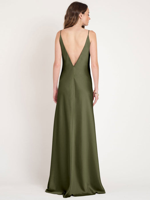 Evening Dress Flesh Color A-Line V-Neck Sleeveless Backless Matte Satin Floor-Length Split Front Formal Party Dresses