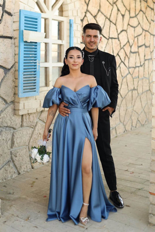 Evening Dress Dusty Blue Sweetheart Off-The-Shoulder Puff Sleeves With Front Split