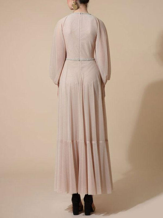 Evening Dress Flesh Color A Line V Neck Ankle Length Long Sleeves Zipper Pleated Chiffon Social Party Dresses