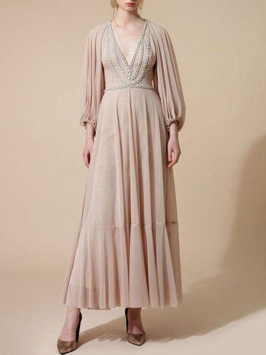 Evening Dress Flesh Color A Line V Neck Ankle Length Long Sleeves Zipper Pleated Chiffon Social Party Dresses