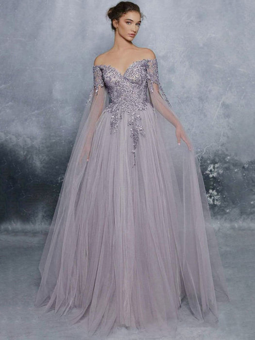 Evening Dress Lavender A-Line Bateau Neck Long Sleeves Tulle Floor-Length Formal Dinner Dresses