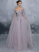 Evening Dress Lavender A-Line Bateau Neck Long Sleeves Tulle Floor-Length Formal Dinner Dresses