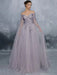 Evening Dress Lavender A-Line Bateau Neck Long Sleeves Tulle Floor-Length Formal Dinner Dresses