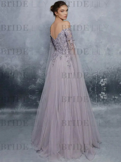 Evening Dress Lavender A-Line Bateau Neck Long Sleeves Tulle Floor-Length Formal Dinner Dresses