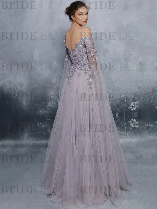 Evening Dress Lavender A-Line Bateau Neck Long Sleeves Tulle Floor-Length Formal Dinner Dresses