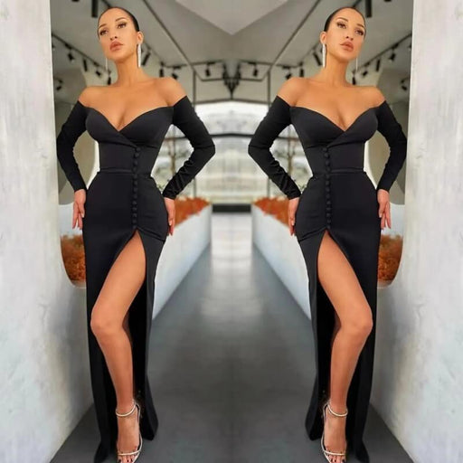 Evening Dress with Off-The-Shoulder Black V-Neck Mermaid Front Split Long Sleeves