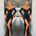 Evening Dress with Off-The-Shoulder Black V-Neck Mermaid Front Split Long Sleeves