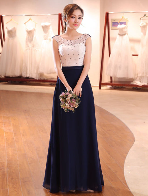Evening Dresses Dark Navy Lace Formal Dress Illusion Beaded Contrast Color Floor Length Wedding Guest Dress