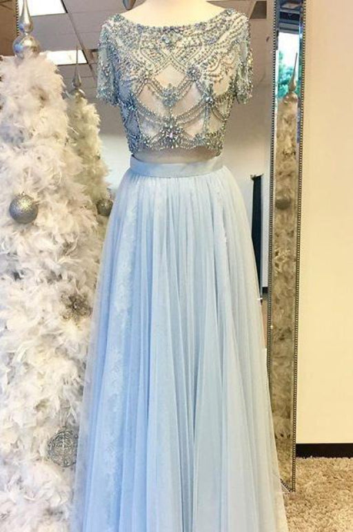 Excellent Excellent Two piece Bateau Short Sleeve Beading Light Blue Tulle Split Prom Dress with Lace - Prom Dresses