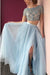 Excellent Excellent Two piece Bateau Short Sleeve Beading Light Blue Tulle Split Prom Dress with Lace - Prom Dresses