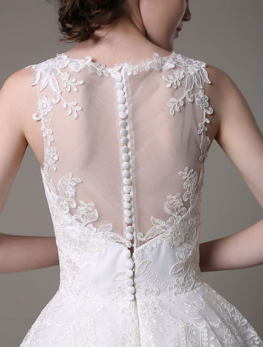 2021 Lace High-low Wedding Gown With Llusion Neckline And Back misshow