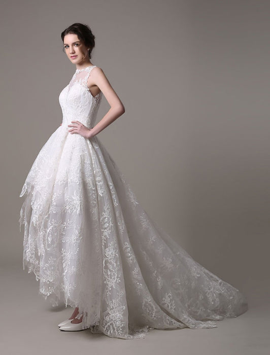 2021 Lace High-low Wedding Gown With Llusion Neckline And Back misshow