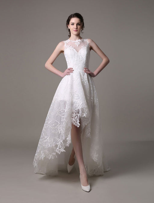 2021 Lace High-low Wedding Gown With Llusion Neckline And Back misshow