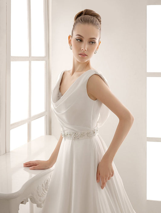 Turndown Collar Brides Wedding Dress With Pleated Satin misshow