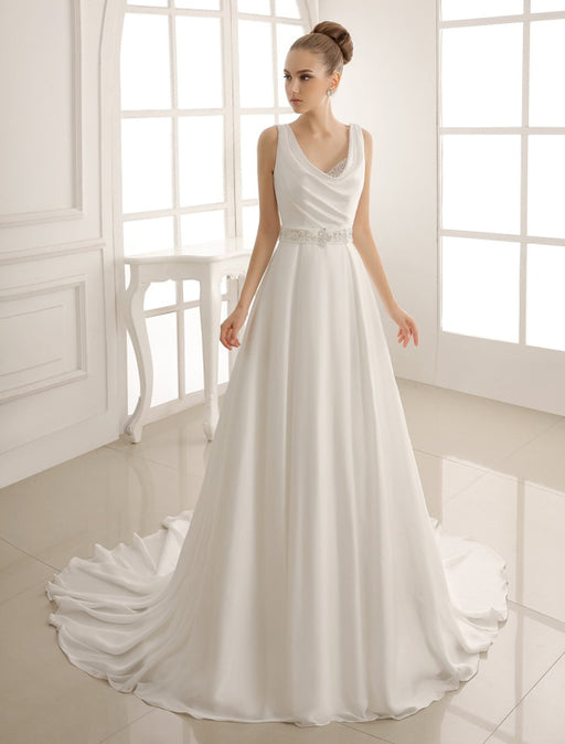 Turndown Collar Brides Wedding Dress With Pleated Satin misshow